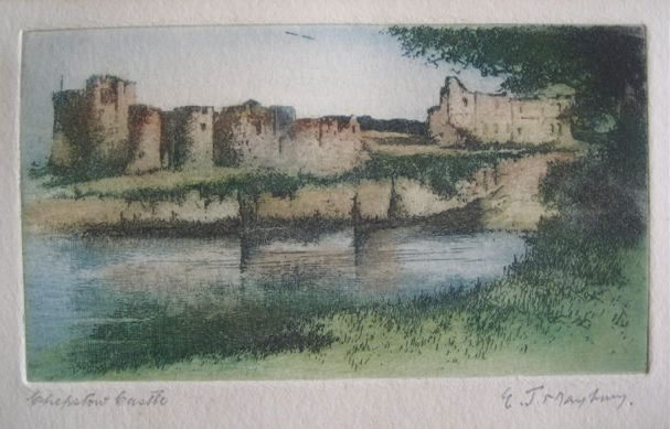 Chepstow Castle hand coloured etching by EJ Maybery