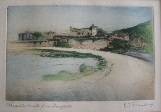 Chepstow Castle from Peacefield etching by EJ Maybery