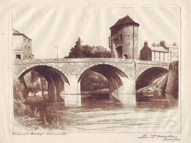 Monnow Bridge, Monmouth, Etching by EJ Maybery