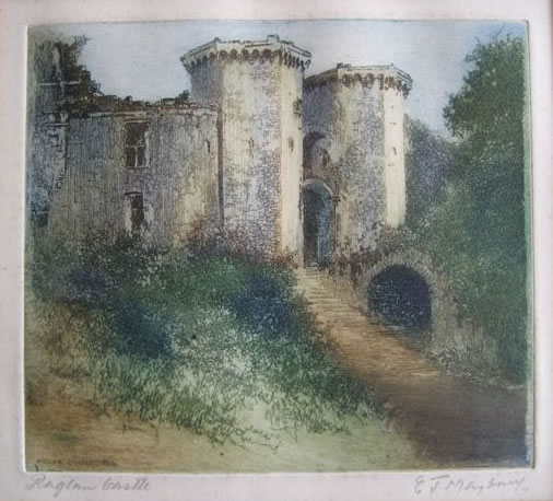 Raglan Castle hand coloured etching by EJ Maybery