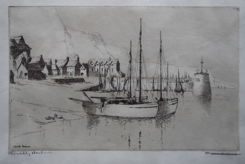 Clovelly Harbour - etching by A. Simes (EJ Maybery)