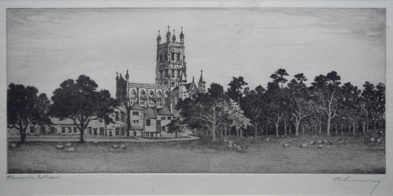 Gloucester Cathedral - etching by A. Simes (EJ Maybery)
