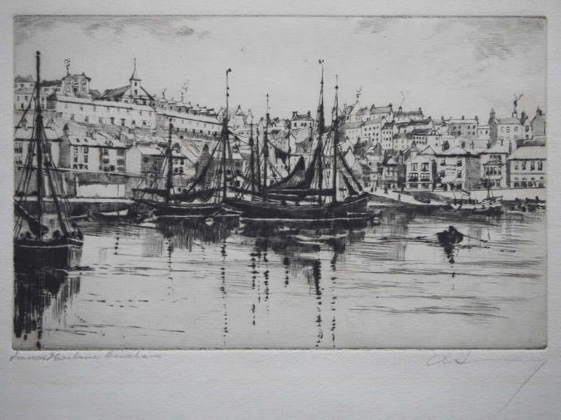 Lower Harbour, Brixham - etching by A. Simes (EJ Maybery)