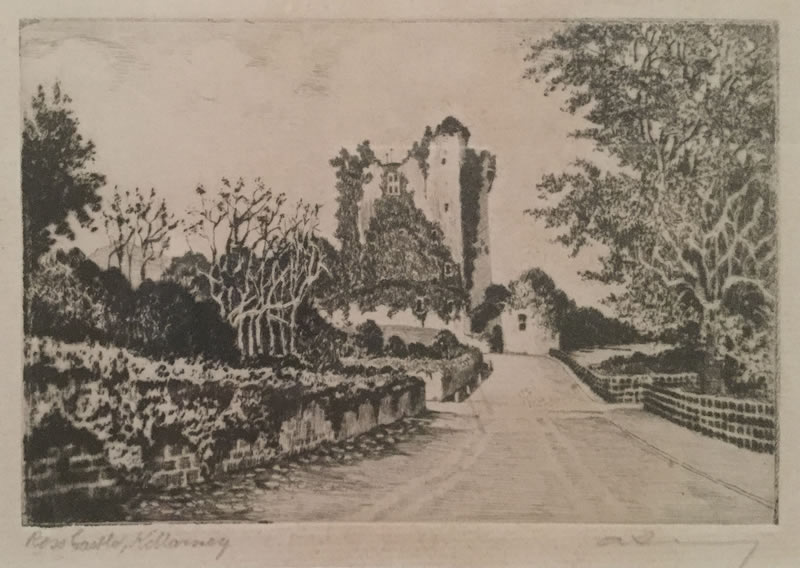 Ross Castle Killarney - etching by A. Simes (EJ Maybery)