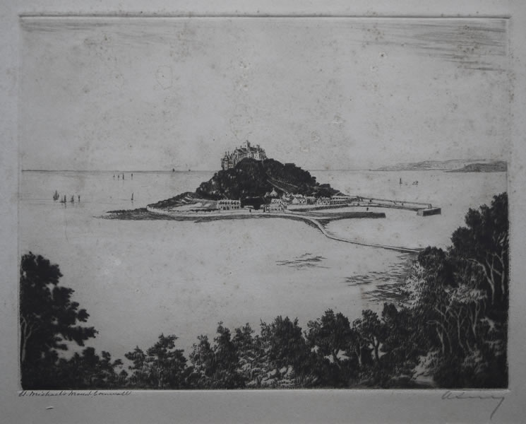 St. Michaels Mount, Cornwall - etching by A. Simes (EJ Maybery)