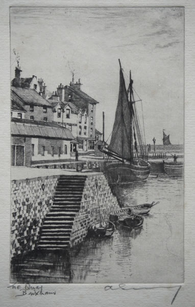The Quay Brixham - etching by A. Simes (EJ Maybery)