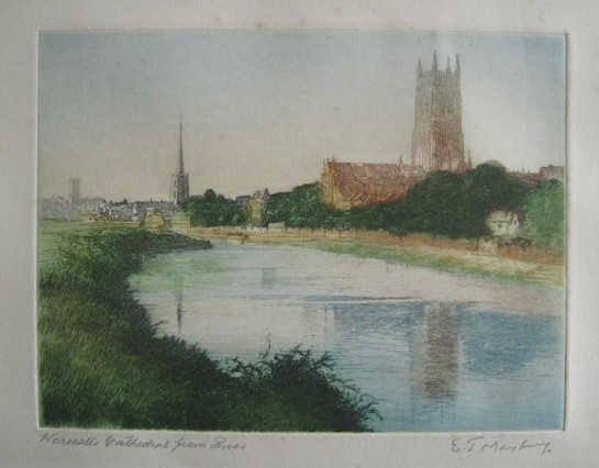 Worcester Cathedral etching by EJ Maybery