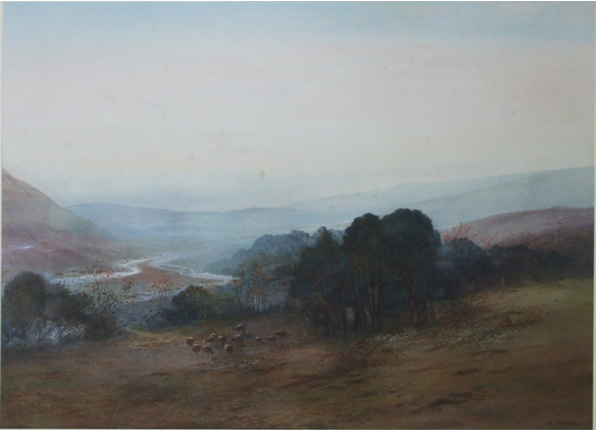 Scottish Highlands? maybe the Brecon Beacons? large watercolour by E J Maybery