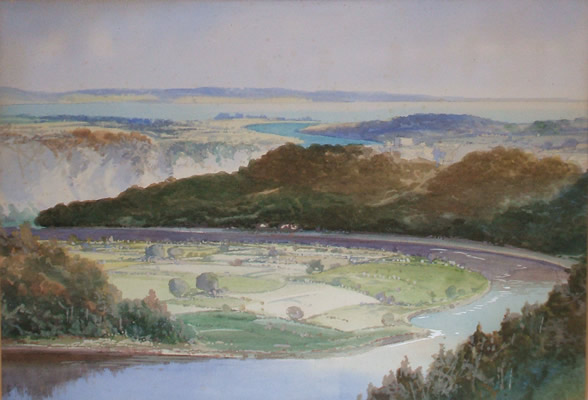The Wye Valley just above Chepstow, watercolour painting by E J Maybery