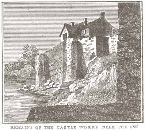 Remains of the Castle Works near the Usk, Caerleon. Old print from Coxes Monmouthshire.