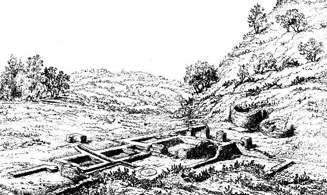 Print 1849 showing Roman remains and castle ruins inside the Mynde. Excavations by J Lee.