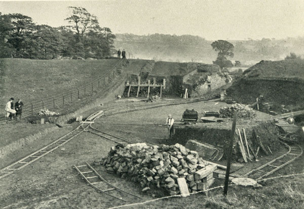 Excavation of Caerleon Amphitheatre 1926 - 1927. Southern end of the amphitheatre showing entrance B which was opened up in 1909.