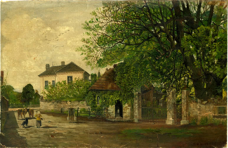 Oil painting by Simpson of the Priory Gates and Broad Towers Broadway Caerleon