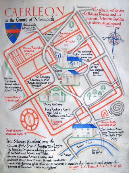 Hand drawn plan of Roman Caerleon by LC Evetts 1938