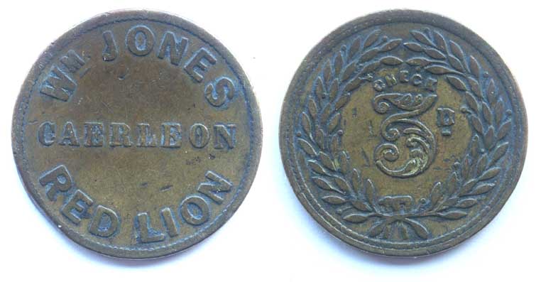 Brass pub token for the Red Lion in Back Hall Street Caerleon 1860