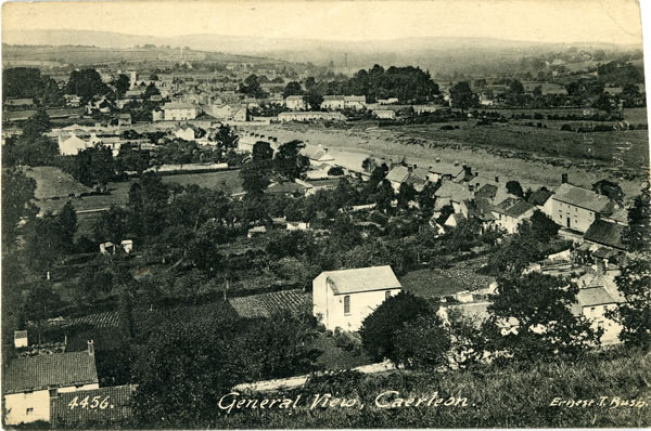 General View Caerleon old Ernest T Bush postcard. Viewpoint just above the Bulmore Road looking over Isca Road and the River Usk with Caerleon in the distance.