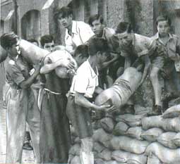 Caerleon Town Hall. Basque refugees constructing sandbag defences.