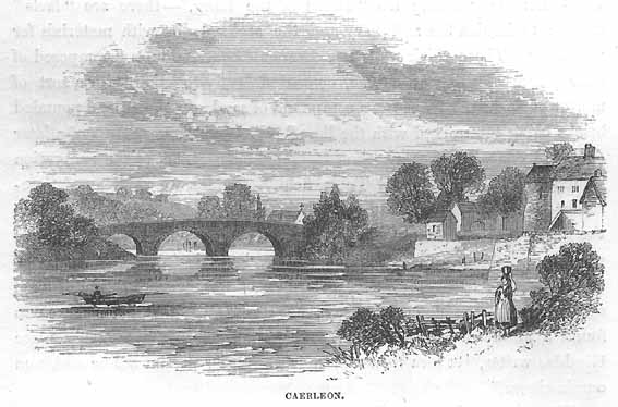 Caerleon 1861. Old print showing the River Usk, bridge, quay and Hanbury Arms.