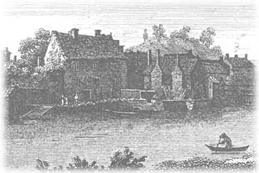 View of the Hanbury Arms and the Alms House from Coxe's "Tour in Monmouthshire" 1801, notice the wooden bidge just visible to the right.