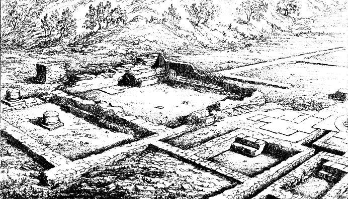 Print 1849 showing the Roman remains inside the Mynde. Excavations by J Lee.