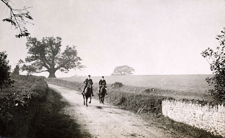 The Caeryder Oak. Still apparently in good health. The huntsmen are heading for the Glen Usk area below Llanhennock.  Photo by William Henry Thomas around 1910.