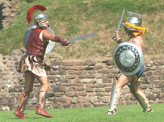 Gladiators in the Roman arena at Caerleon Wales UK
