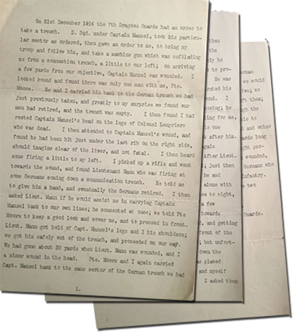 Typewritten account by of the last sighting by Sergeant G Naylor of Captain Jestyn Llewellyn Mansel
