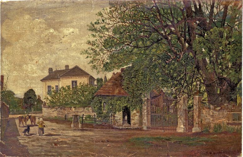 Oil painting by Simpson of the Priory Gates and Broad Towers Broadway Caerleon
