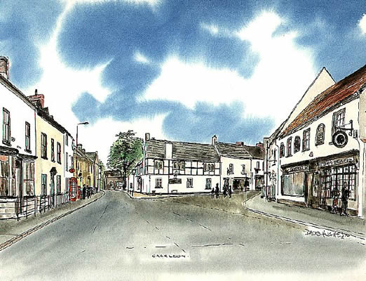 The Square Caerleon including the Bull Inn, Post Office and Priory. Copyright David Hughes.