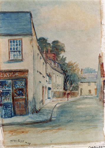 Watercolour painting of Backhall Street Caerleon by Chas Page 1929