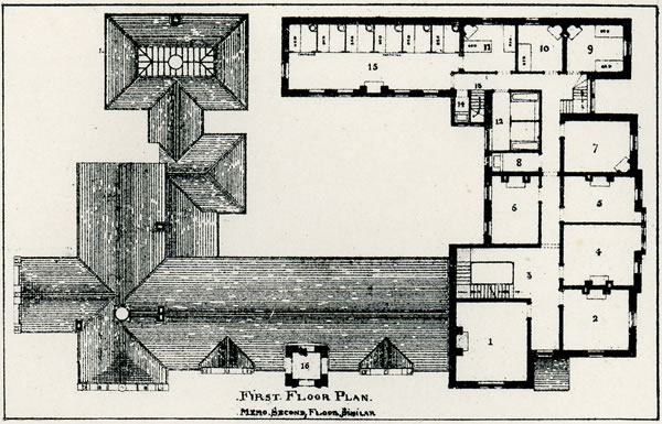 First floor plan of proposed upper school for boys Caerleon 1887 (memo second floor similar)