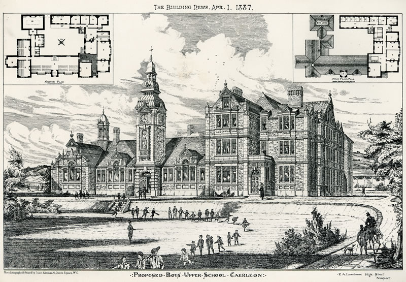 Proposed Boys Upper School Caerleon 1887 from The Building News. Architect EA Lansdowne, High Street, Newport.