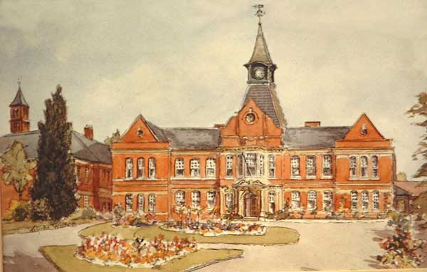 Walercolout painting of St Cadocs Hospital Caerleon by Wilfred Wilson.
