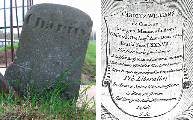 Boundary marker and detail of the inscription on Charles Williams's memorial plaque